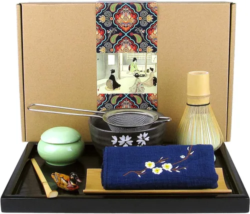 Artcome Juego de té Matcha japonés, batidor Matcha, cuchara tradicional, tazón Matcha, bandeja de bambú negro, soporte de batidor de cerámica,