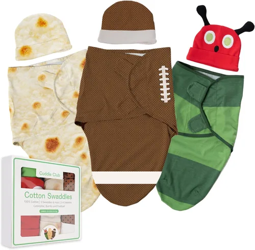 Vista 16 de Cuddle Club Manta para bebé 100% algodón ajustable con cierre de para recién nacido, con gorro novedoso