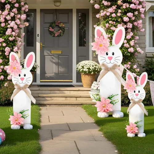 Vista 6 de Vercraft 3 piezas de decoraciones de Pascua para exteriores para porche, grande, de madera, conejito de Pascua, letrero rústico de primavera