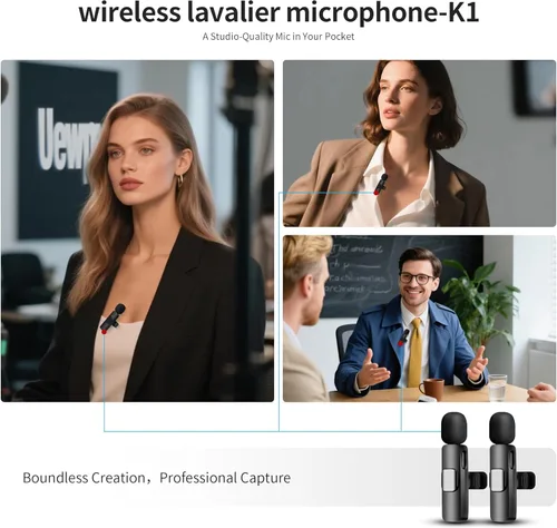 Vista 6 de Micrófono inalámbrico para iPhone, iPad y teléfono Android, paquete de 2 micrófonos inalámbricos de solapa Lavalier con reducción de ruido, mini