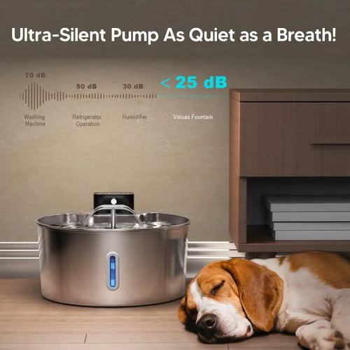 Vista 6 de Fuente de agua para perros Voluas, dispensador de agua automático para perros, fuentes de mascotas inalámbricas de acero inoxidable