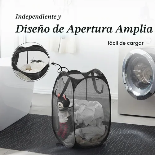 Vista 4 de Cesta de malla desplegable para ropa sucia con asas duraderas - Cesta plegable portátil para dormitorio, baño y viajes (negro)