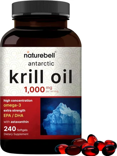 NatureBell Suplemento de aceite de krill antártico de 1000 mg, 240 cápsulas blandas, fuente natural de omega-3, EPA, DHA y astaxantina, sin regusto,