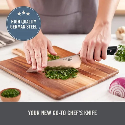 Vista 2 de DASH Zakarian - Cuchillo de chef de 7 pulgadas, cuchillo de cocina de acero inoxidable alemán de alto carbono con funda, color negro