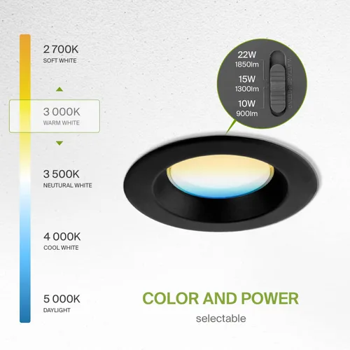 Vista 4 de ASD Luz de techo empotrable LED de 6" de potencia ajustable 10/15/22W, luminaria LED regulable, accesorio de luz LED empotrada, 5 temperaturas