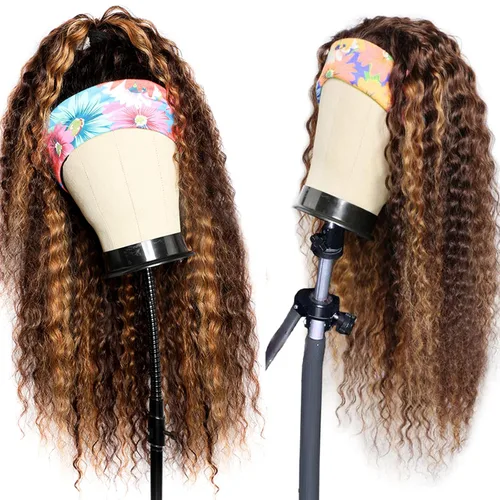 Vista 2 de Punmasa Peluca de cabello humano con diadema de ondas profundas 4/27 de cabello humano para mujer, sin pegamento, sin encaje frontal, hecha a Onda