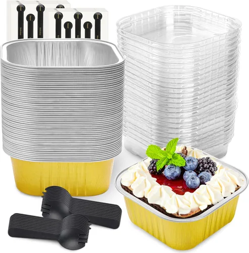 Vista 17 de 50 Piezas Mini Tazas Cuadradas para Hornear con Tapas y Cucharas Moldes de Lámina de Aluminio Mini para Pasteles con Tapas Moldes Desechables