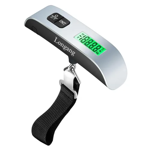 Báscula digital colgante para equipaje de 110 libras con retroiluminación para viajes, mango de pintura de goma y batería incluida, plata (1 unidad)