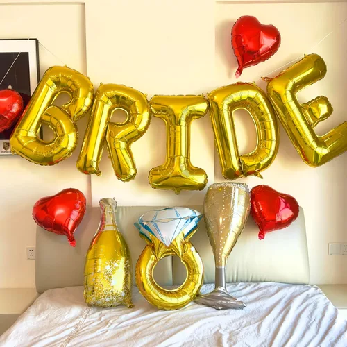 Vista 4 de Juego de enormes globos dorados para novia, globo de anillo de diamante, decoraciones de despedida de soltera plateadas, globos de novia, globos