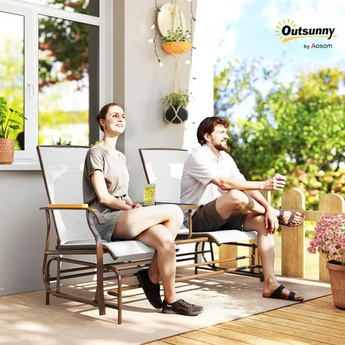 Vista 2 de Outsunny Banco planeador para 2 personas, silla de columpio para patio, sofá biplaza con malla transpirable, mesa, marco de acero para jardín, patio