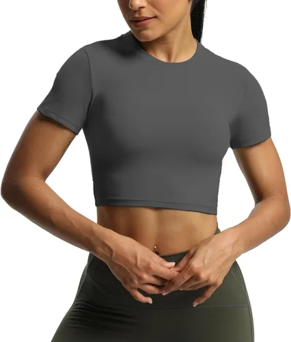 Aoxjox Camiseta corta de manga corta para mujer, camiseta corta clásica de línea larga para entrenamiento
