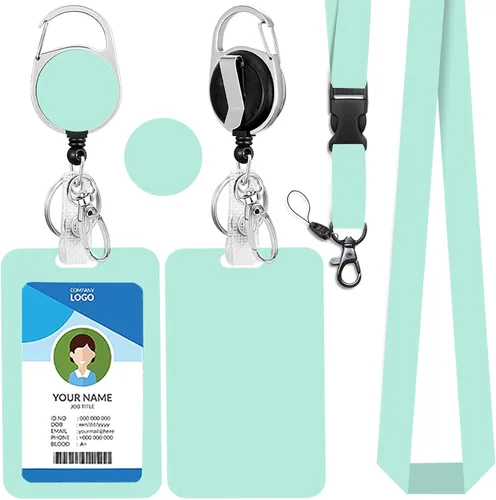 Vista 165 de Portatarjetas blanco con cordón para tarjetas de identificación, carrete retráctil negro con clip de mosquetón, tarjetero de identificación