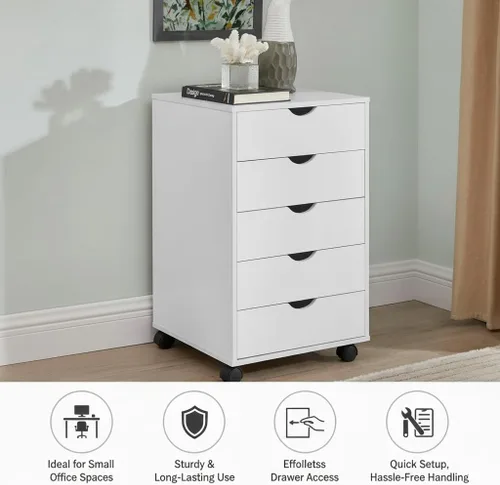 Vista 187 de Naomi Home Cómoda de 5 cajones para dormitorio, alta y elegante, con ruedas y estantes de almacenamiento, pequeña para guardarropa, para maquillaje