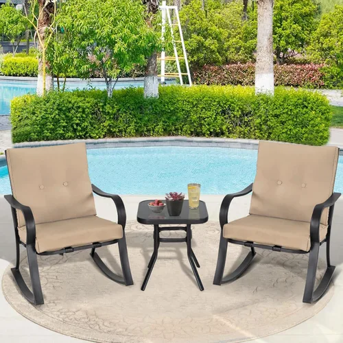 Vista 2 de Mecedoras para exteriores de 3 piezas, juego de muebles de bistró para patio, 2 sillas mecedoras de acero negro con cojín y mesa de centro de Marrón