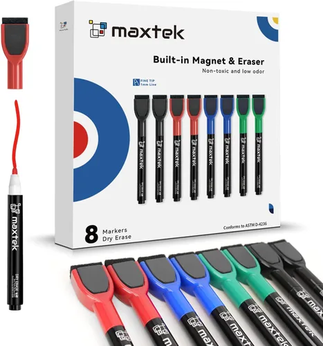 maxtek Marcadores magnéticos de borrado en seco, 8 unidades, 4 colores, marcadores de pizarra blanca de punta fina con borrador, marcadores finos de