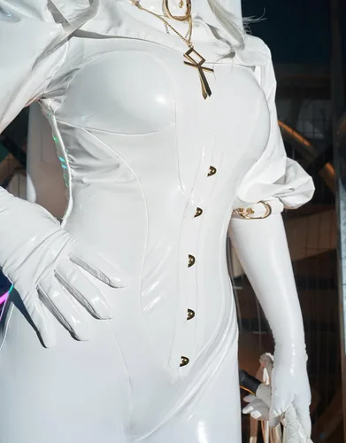 Vista 5 de miccostumes x Chowbie Sisters - Disfraz de monja para mujer, overol blanco con cuello y diadema y collar