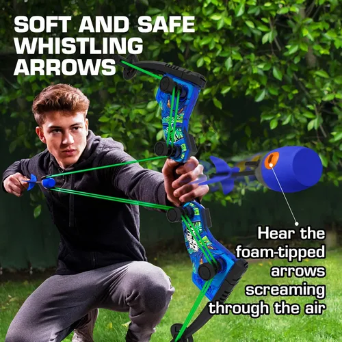 Vista 3 de Zing HyperStrike Dominator Bow Pack – 1 arco dominador azul, 4 flechas de silbato zónico azul, 1 juego de repuesto de cuerda elástica y 1 correa