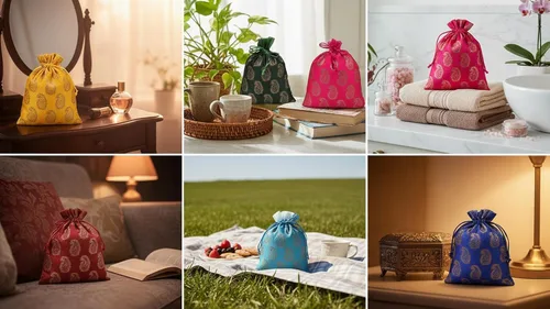 Vista 4 de Touchstone Preciosas bolsas de regalo reutilizables, respetuosas con el medio ambiente, con cordón grande con patrón de elefante brocado