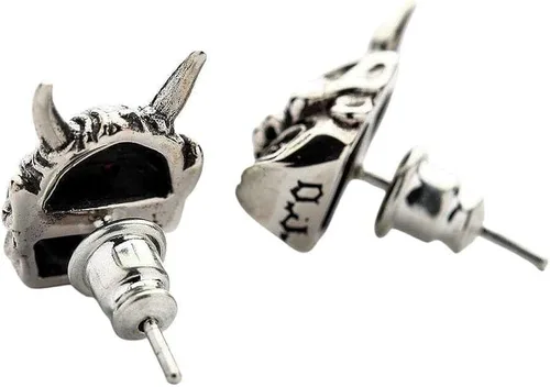 Vista 3 de Pendientes de plata de ley con ojos rojos japoneses de diablo calavera Oni máscara