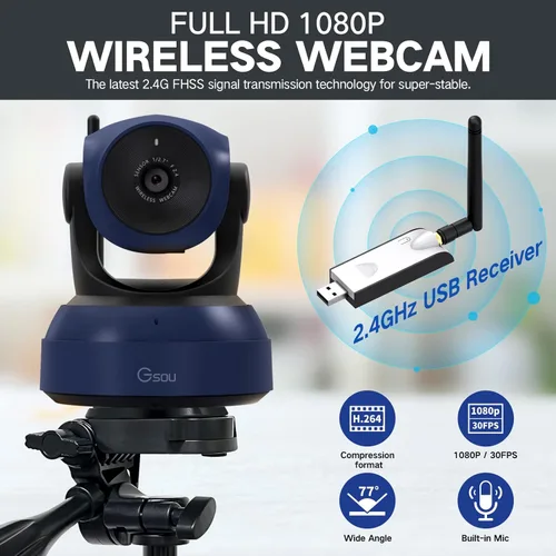 Vista 3 de Gsou Cámara web inalámbrica, videollamadas HD 1080P y cámara de transmisión, Plug and Play, cámara de computadora de campo de ángulo ajustable