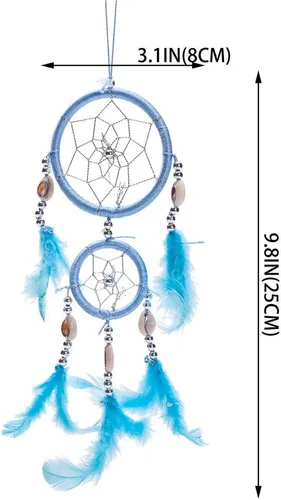 Vista 2 de Atrapasueños azul tradicional de 12 pulgadas con plumas para colgar en la pared o el automóvil, 2 círculos