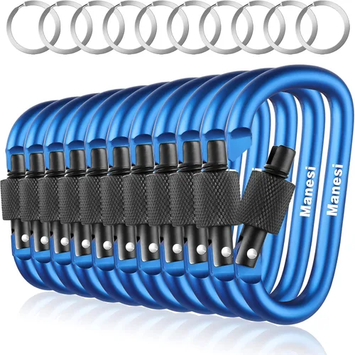 Vista 11 de Clips de mosquetón con puerta de tornillo, paquete de 10 mosquetones de aluminio de 3 pulgadas en forma de D, clip para llavero, hebilla de gancho