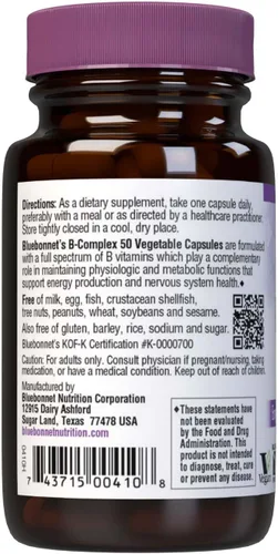 Vista 3 de Bluebonnet Nutrition B Complex 50 cápsulas vegetales, espectro completo completo, vitamina B6, B12, biotina, folato, vegano, vegetariano, sin