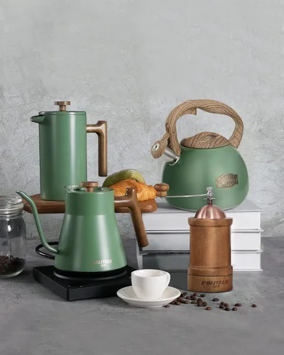 Vista 26 de POLIVIAR Hervidor de té, 2.7 cuartos de galón con acabado azul y mango de madera con silbato fuerte, tetera de acero inoxidable de grado