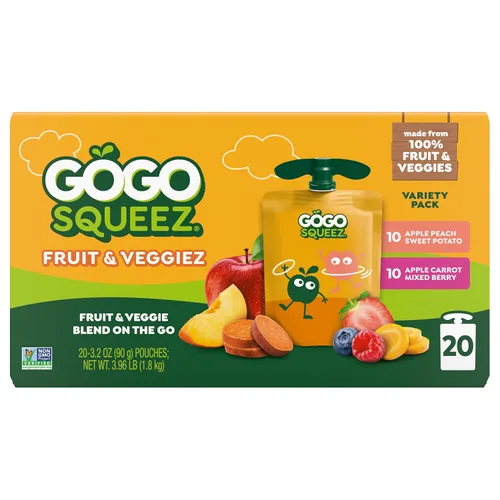 Vista 4 de GoGo squeeZ Fruit & veggieZ Paquete variado de puré de manzana y verduras, Pedal Peach y Boulder Berry, 3.2 onzas (paquete de 20), aperitivos sin