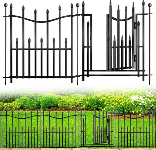 5 paneles de valla decorativa para jardín sin excavación con puerta, 24 pulgadas de alto x 11 pies de largo, paneles de metal resistentes a la