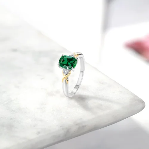 Vista 5 de Gem Stone King 925 Silver and 10K Yellow Gold 8X6MM Cushion Cut Gemstone Birthstone and 2MM White Lab Grown Diamond 3-Stone Engagement Ring Wedding