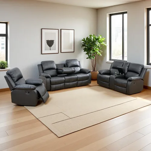 Vista 7 de Juego de sofá reclinable manual de cuero, juego de sofá reclinable negro, juego de muebles de sala de estar, sofá biplaza reclinable