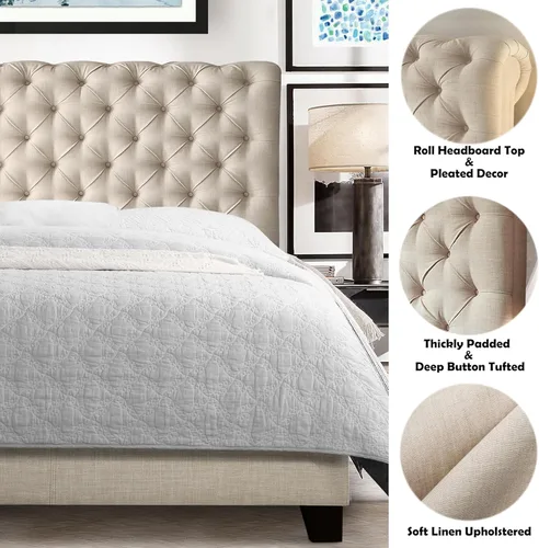 Vista 38 de Rosevera Gideon - Marco de cama tapizado de tela con cabecera ajustable, estilo Chesterfield, soporte de listones de madera, fácil montaje