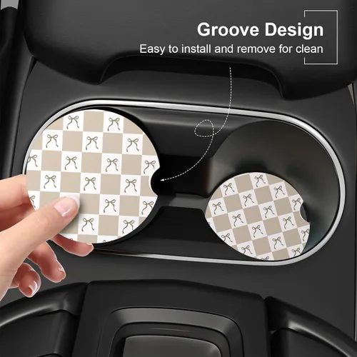 Vista 3 de Posavasos absorbentes para automóvil, paquete de 2 unidades para portavasos (beige)