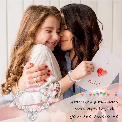 Vista 6 de HGDEER Pulsera de unicornio para hijanietasobrina Pulsera de perlas rosas y bolas de diamantes de imitación Longitud ajustable Adecuado