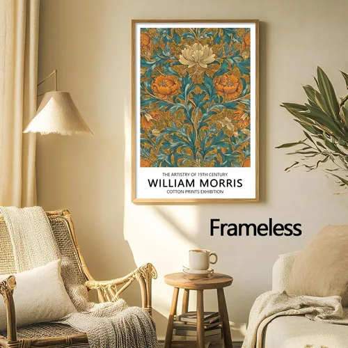 Vista 2 de William Morris - Arte de pared con estampado floral de flores naranjas, arte de pared estético de William Morris, arte de pared botánico de William