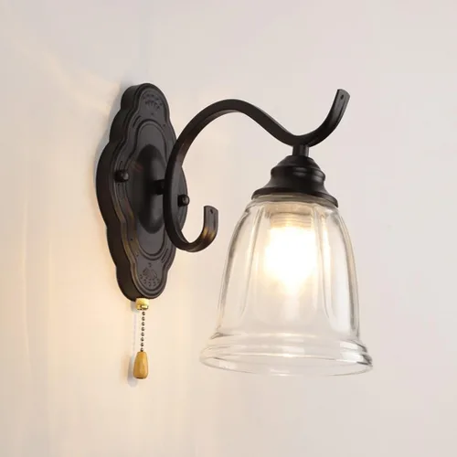 Vista 6 de Lámpara de pared con interruptor de cadena E27, retro, para dormitorio, mesita de noche, apliques de pared con pantalla de metal y vidrio, acabado