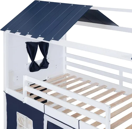 Vista 240 de Cama de casa de tamaño individual con elegantes ventanas y estantería, litera con diseño de castillo de madera con barandillas de seguridad