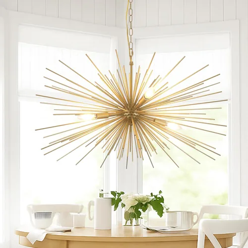 Vista 20 de Moderna lámpara Sputnik dorada de 20 pulgadas, 4 luces, moderna lámpara de techo semiempotrada de metal sólido dorado Starburst Sputnik Candelabro