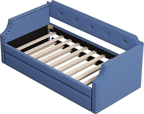 Vista 5 de Sofá cama tapizada con nido, sofá cama de tamaño individual con soporte de listones de madera, marco tapizado de madera para sala de estar, no Azul-2