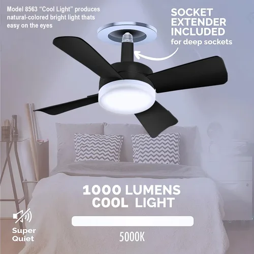 Vista 3 de Bell+Howell Socket Breeze Deluxe, pequeño ventilador de techo con luz LED y mando a distancia, velocidades y brillo ajustables, ventilador de luz