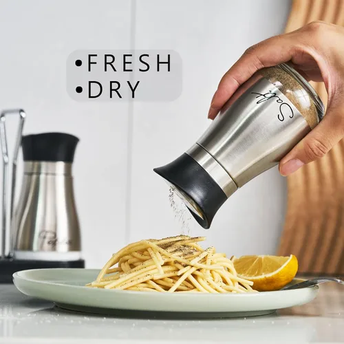 Vista 2 de Juego de salero y pimentero, acero inoxidable con botella de vidrio para mesa, caravana, campamento, barbacoa, juego de 2