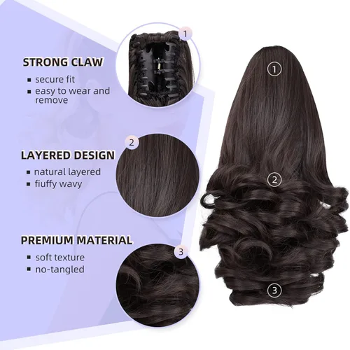 Vista 4 de Extensión de cola de caballo, extensiones de cabello con clip de garra de 12 pulgadas, extensiones de cabello corto rizado, extensión de cola