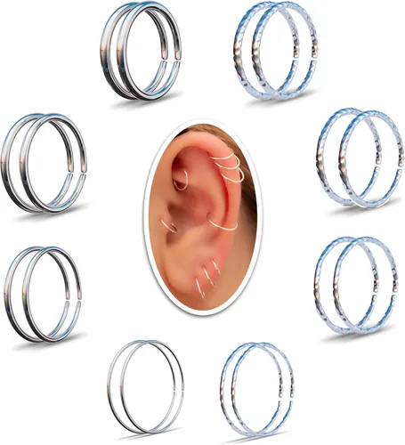 Vista 8 de Aretes de aro de oro de plata Aretes de aro para mujer, dos piezas de aros de plata fina rellenos de oro, aro de hélice, anillo de tragus, aro