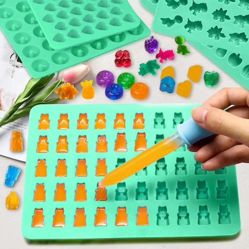 Vista 6 de Juego de 5 moldes de goma de silicona, moldes de silicona para dulces con 2 cuentagotas para un relleno cómodo, juego de moldes de gomita incluye