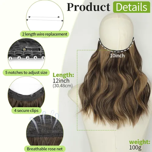 Vista 2 de KooKaStyle - Extensiones de cabello con hilo invisible, diadema transparente, ajustables, 4 clips fijadores, cabello largo y ondulado de 12