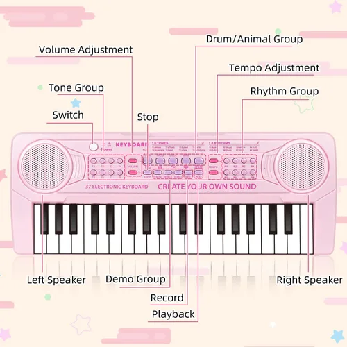 Vista 4 de Teclado de piano para niños, teclado de 37 teclas, juguetes musicales con micrófono, altavoz dual, juguetes de piano, regalos de cumpleaños