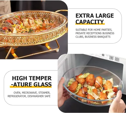 Vista 4 de Juego de platos de bufé de acero inoxidable ovalado con cubiertas, servidores de bufé y calentadores de alimentos para fiestas, bodas, banquetes al