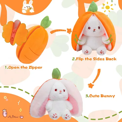 Vista 2 de MIAODAM Peluche reversible de conejo de zanahoria, orejas de conejo de zanahoria con cremallera, peluche de conejo de frutas, peluche de conejo
