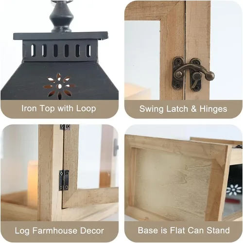 Vista 7 de NEEDOMO Farol de vela de madera de 13 pulgadas para interiores, centro de mesa grande decorativo al aire libre, candelabros rústicos colgantes